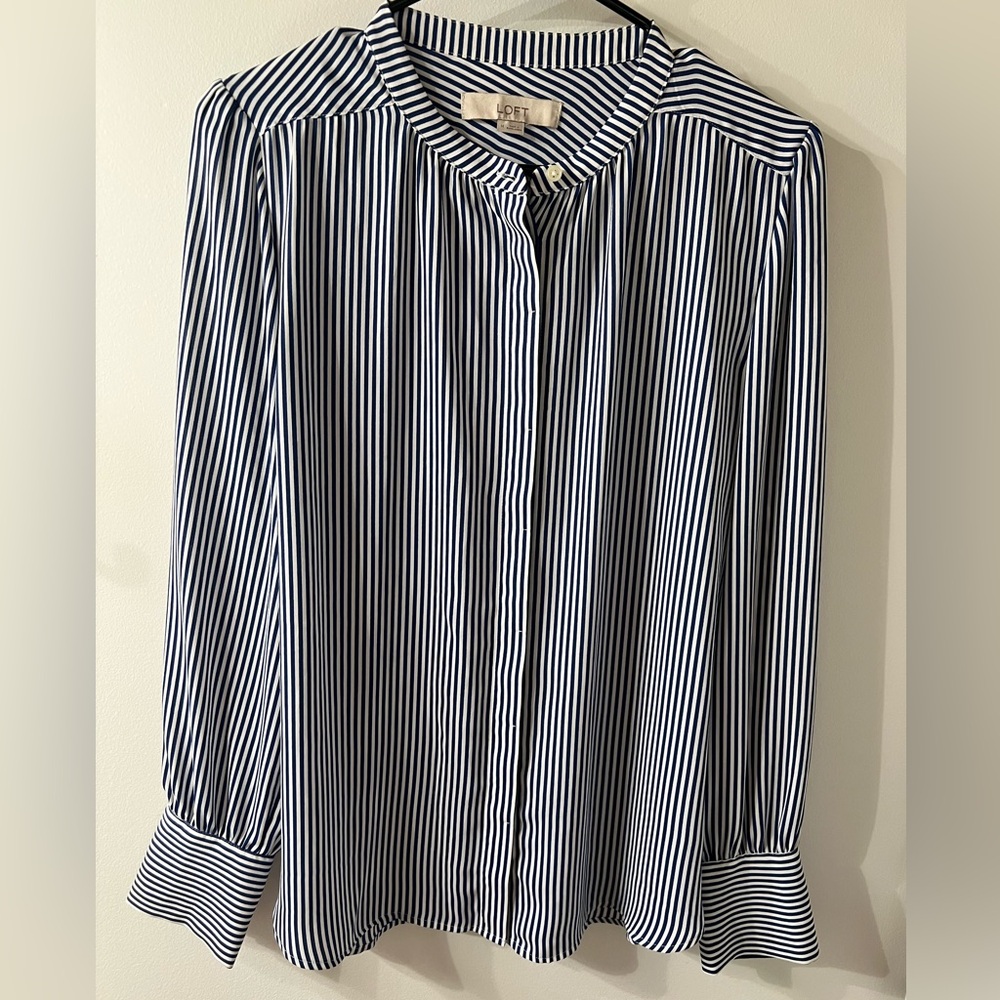 LOFT Navy & White Striped Blouse. Medium.